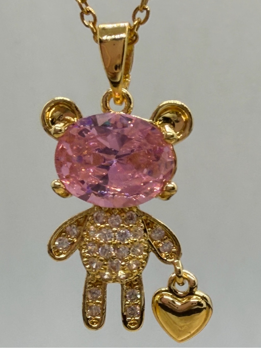 Gold-Tone Teddy Pendant Necklace with Pink Crystal